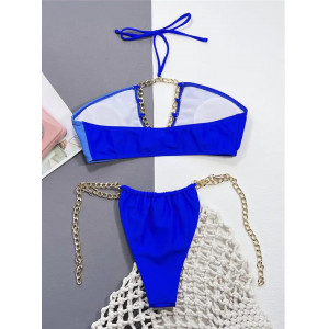 Costum de baie 2 piese cu lant auriu decorativ la slip si sutien, albastru #ZZ2029 - Img 3