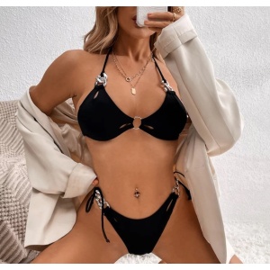 Costum de baie 2 piese cu lantisoare decorative, negru #ZZ2825