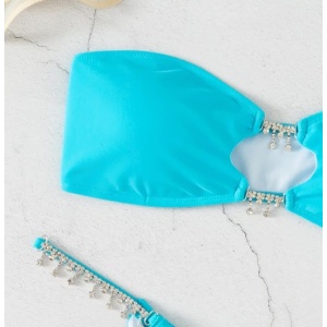 Costum de baie 2 piese cu lantisoare metalice decorative, albastru #ZZ2926 - Img 4