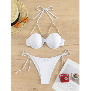 Costum de baie 2 piese cu perle decorative, cupe tari buretate, slip reglabil, alb #ZZ2069 - Img 3