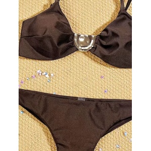 Costum de baie 2 piese cu slip brazilian si accesoriu metalic la sutien, maro #ZZ2011 - Img 5