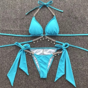 Costum de baie 2 piese cu slip reglabil si cristale decorative, turcoaz #ZZ2834 - Img 4