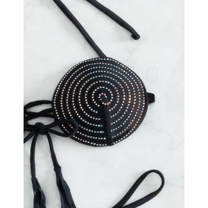 Costum de baie 2 piese cu slip tanga, insertii argintii si snur decorativ, negru #ZZ2044 - Img 5