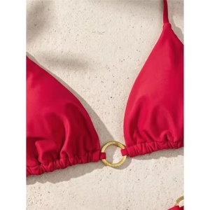 Costum de baie 2 piese cu slip tanga si cercuri metalice aurii, rosu #ZZ2136 - Img 5