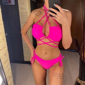 Costum de baie 2 piese cu snururi reglabile pa slip si sutien, roz fucsia #ZZ2799 - Img 4