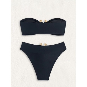 Costum de baie 2 piese cu sutien fără bretele si slip cu talie înaltă, negru #ZZ2102 - Img 5