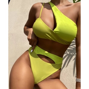 Costum de baie 2 piese cu sutien pe un umar si slip cu talie inalta, verde neon #ZZ2717 - Img 3