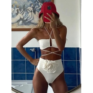 Costum de baie 2 piese cu talie inalta si trandafir decorativ, alb ivoire #ZZ2108