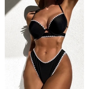 Costum de baie 2 piese, cupe tari din burete si contur decorativ alb, negru #ZZ2114