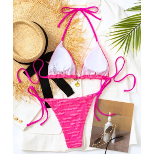 Costum de baie 2 piese din material texturat, slip reglabil, roz neon #ZZ2068 - Img 4