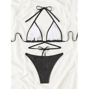 Costum de baie 2 piese lucios, din piele ecologica cu slip reglabil, negru #ZZ2134 - Img 11