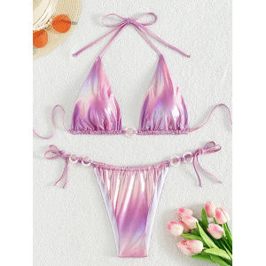 Costum de baie 2 piese metalizat cu cercuri decorative, slip reglabil, roz #ZZ2103 - Img 3