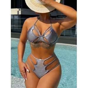 Costum de baie 2 piese metalizat cu decupaje si slip cu talie inalta, argintiu #ZZ2023