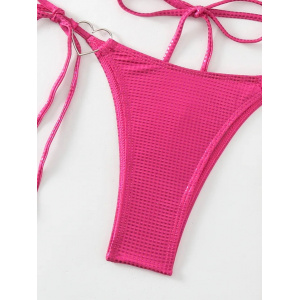 Costum de baie 2 piese metalizat cu inimioare metalice si snururi , roz fucsia #ZZ2100 - Img 12