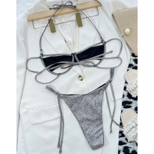 Costum de baie 2 piese metalizat, sitien cu decupaje si slip reglabil, argintiu #ZZ2075 - Img 12