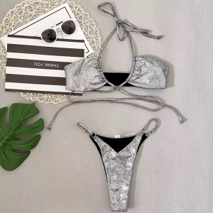 Costum de baie 2 piese metalizat, snur decorativ la sutien, argintiu #ZZ2867 - Img 3