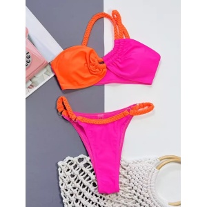 Costum de baie 2 piese pe un umar cu snururi impletite, roz neon/portocaliu #ZZ2056 - Img 2