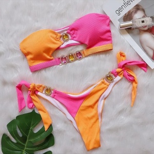 Costum de baie 2 piese reiat, cu decupaj, cristale decorative si slip reglabil, roz/ portocaliu #ZZ2823 - Img 6