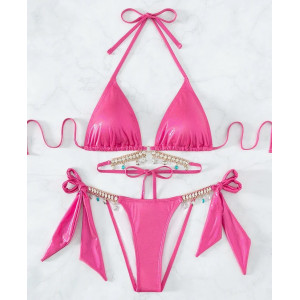 Costum de baie 2 piese sidefat cu slip reglabil si accesorii metalice decorative, roz neon #ZZ2072 - Img 4