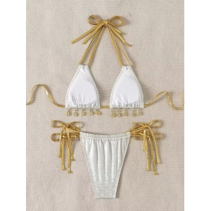 Costum de baie 2 piese sidefat cu snururi aurii decorative la slip si sutien, alb/ auriu #ZZ2821 - Img 4