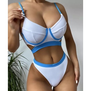 Costum de baie 2 piese, slip cu talie inalta , alb/ bleu #ZZ2865