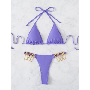 Costum de baie 2 piese, slip ta ga cu cristale decorative, mov #ZZ2900 - Img 10