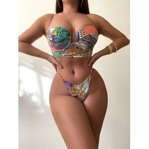 Costum de baie 2 piese, slip tanga și bustiera cu cupe tari din burete, multicolor #ZZ2154 - Img 5