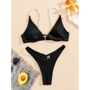 Costum de baie 2 piese, sutien cu sarma de sustinere si perle decorative, negru #ZZ2839 - Img 8