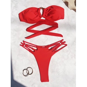 Costum de baie 2 piese, sutien fără bretele cu cataramă metalică decorativă, rosu #ZZ2155 - Img 4