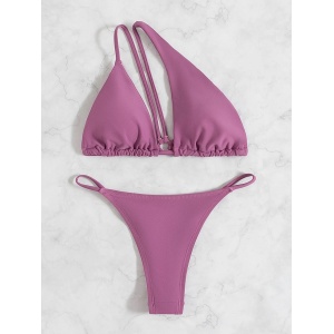 Costum de baie 2 piese, sutien pe un umar si slip tanga cu cristale la spate, roz #ZZ2131 - Img 3