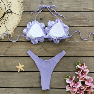 Costum de baie 2 piese tanga cu flori mari aplicate pe cupe , mov/ lila #ZZ2117 - Img 9
