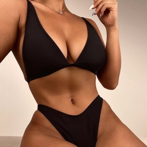 Costum de baie 2 piese tanga cu lantisor decorativ, negru #ZZ2750 - Img 2