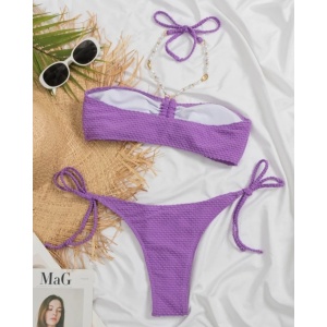Costum de baie 2 piese textura, cu perle decorative, mov #ZZ2765 - Img 4