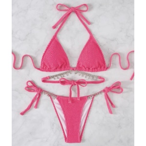 Costum de baie 2 piese texturat cu accesorii metalice decorative, roz neon #ZZ2920 - Img 3