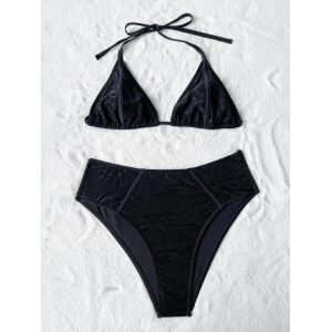 Costum de baie 2 piese texturat cu broderie, slip cu talie inalta, negru #ZZ2097 - Img 3
