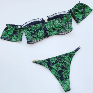 Costum de baie 2 piese texturat cu elemente metalice decorative, verde/negru #ZZ2761 - Img 8