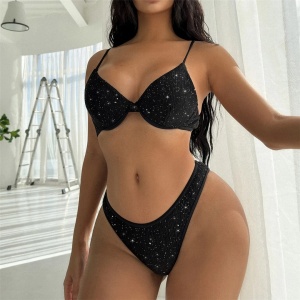 Costum de baie 2 piese texturat cu insertii fine de sclipici, negru #ZZ2842 - Img 3