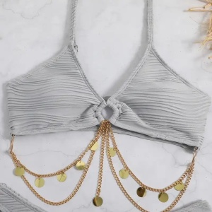 Costum de baie 2 piese texturat, cu lantisoare decorative, gri #ZZ2771 - Img 8