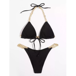 Costum de baie 2 piese texturat cu lantisoare decorative, negru #ZZ2785 - Img 6