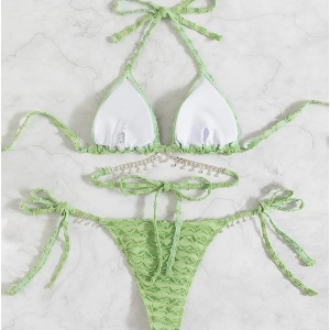 Costum de baie 2 piese texturat cu lantisoare si cristale decorative, verde #ZZ2894 - Img 4