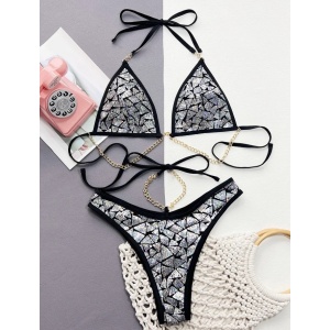 Costum de baie 2 piese texturat cu paiete mici si lanturi decorative, argintiu #ZZ2713 - Img 3