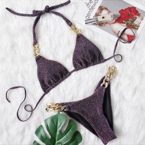 Costum de baie 2 piese texturat cu sclipici si lanturi decorative, mov #ZZ2875 - Img 5