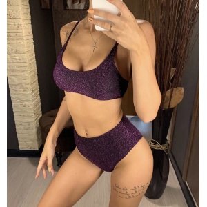 Costum de baie 2 piese texturat cu sclipici, slio cu talie inalta, mov #ZZ2759 - Img 3