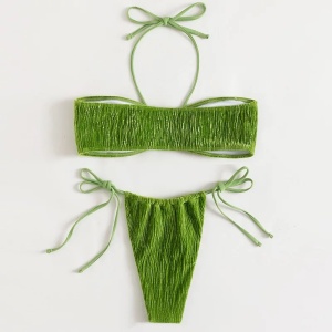 Costum de baie 2 piese texturat, slip reglabil, verde #ZZ2893 - Img 5