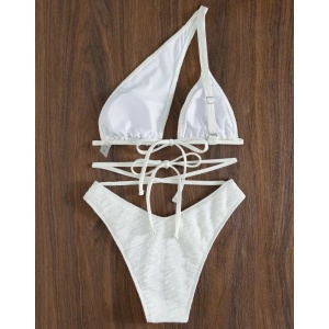 Costum de baie 2 piese texturat, sutien pe un umar, alb #ZZ2744 - Img 3