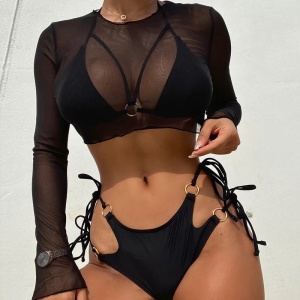 Costum de baie 3 piese cu bluza din voal elastic, slip reglabil cu cercuri metalice, negru #ZZ3936