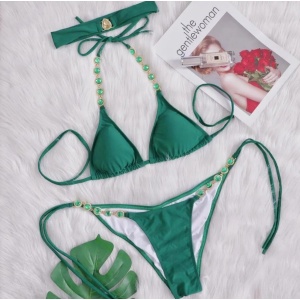 Costum de baie 3 piese cu cristale decorative, verde #ZZ2724 - Img 5