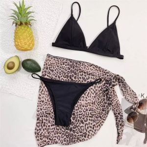 Costum de baie 3 piese cu esarfa imprimeu leopard, negru #ZZ3940 - Img 7
