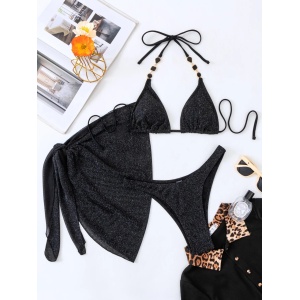 Costum de baie 3 piese cu esarfa, sclipici si cristale decorative, negru #ZZ3900 - Img 4