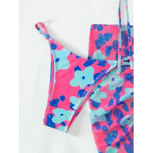 Costum de baie 3 piese cu esarfa si snur reglabil la sutien, albastru/ multicolor #ZZ3034 - Img 5